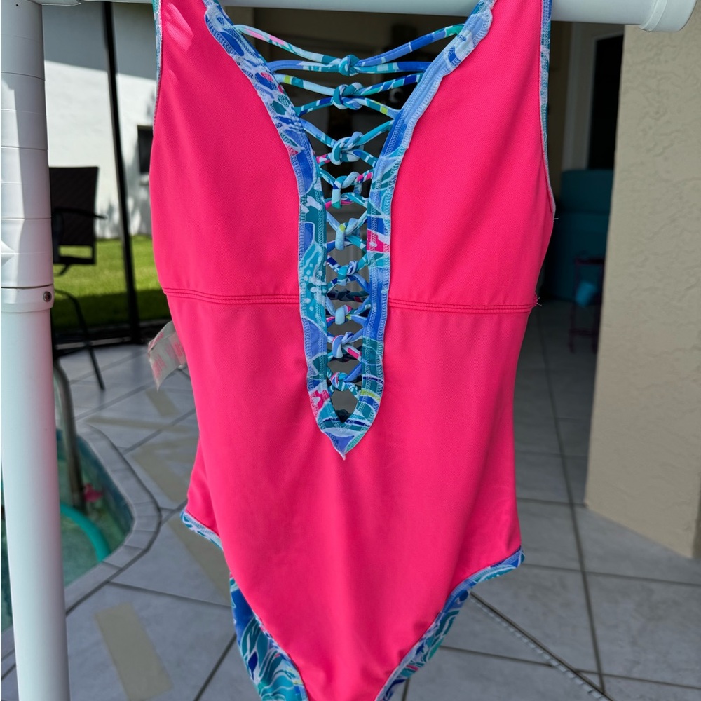 🩵🩷Lilly Pulitzer Lattice~Isle of Paradise Swimsuit - Blue and Pink Tropical🐠🦩 - Picture 10 of 12